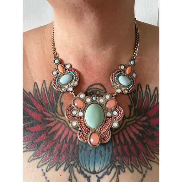 Pink and Teal Beaded Collar Necklace - Picture 2 of 8